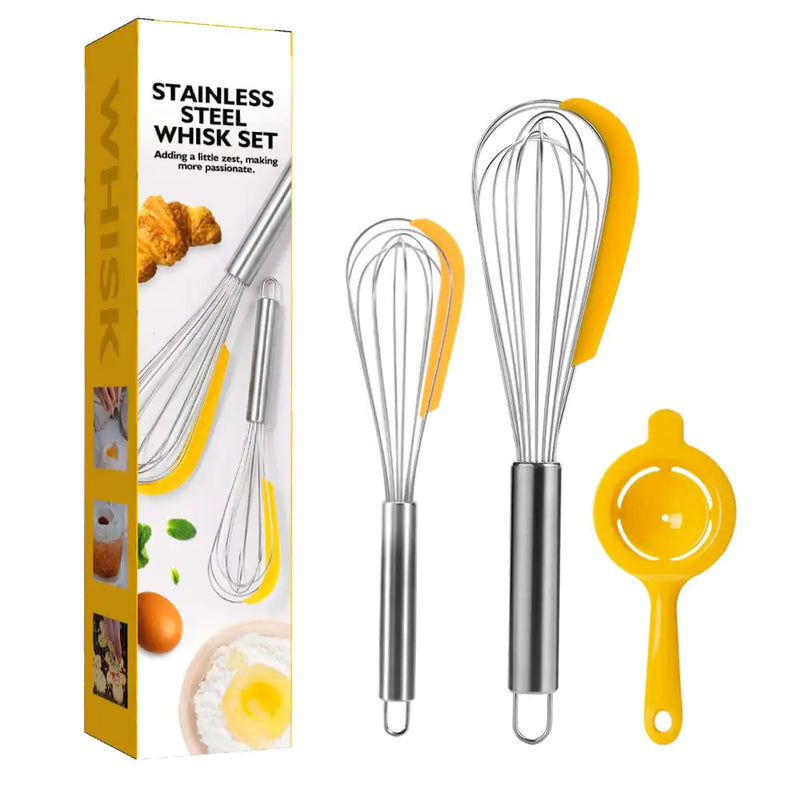 3-Piece Stainless Steel Balloon Whisk Set – With Egg Separator & Scraper (Yellow)