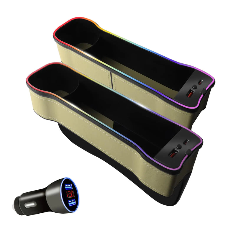 2-Pack Car Seat Gap Organizer with LED Ambient Lights, USB/Type-C Charging, Cup & Key Holder (Beige) Declutter your car. Light up your ride.