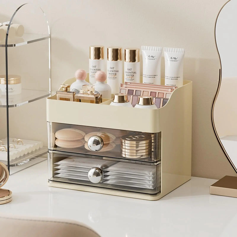 2-Drawer Vanity Makeup Organizer – Countertop Cosmetic Storage Box (Cream)