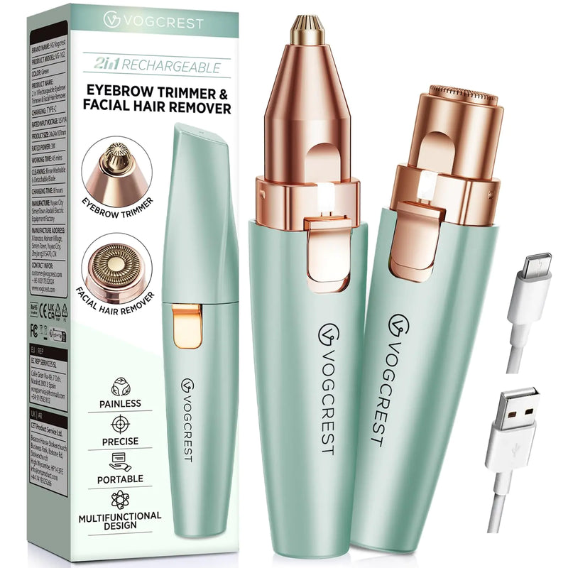 2-in-1 Eyebrow & Facial Hair Trimmer – USB Rechargeable, Painless, with LED Light (Pastel Green) Flawless skin starts with a few seconds of self-care.