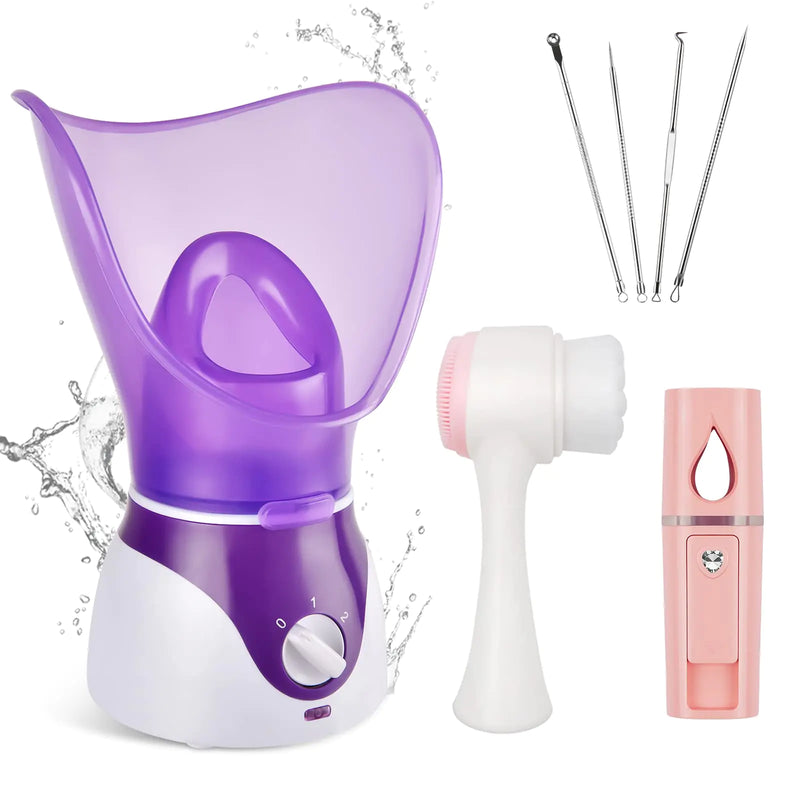 Nano Ionic Facial Steamer Set – Deep-Cleansing Hot Mist Humidifier with Blackhead Remover Kit & Nano Sprayer (Purple) Get spa-quality skin—without leaving your home.
