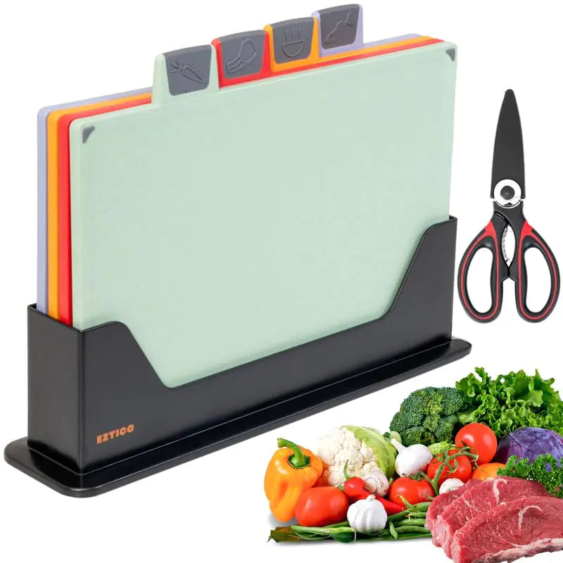 4-Piece BPA-Free Cutting Board Set with Stand – Dishwasher Safe, Non-Toxic Plastic Chopping Boards for Kitchen Use