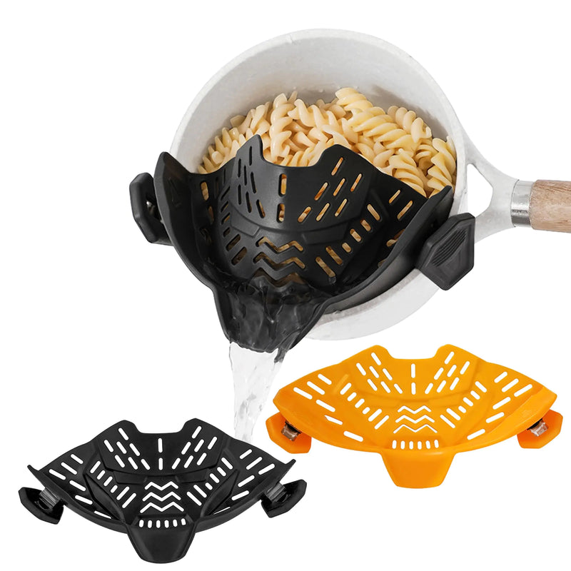 2-Piece Clip-On Silicone Pot Strainer Set (Black + Orange) Fits Any Pot. Saves Time. No Mess.