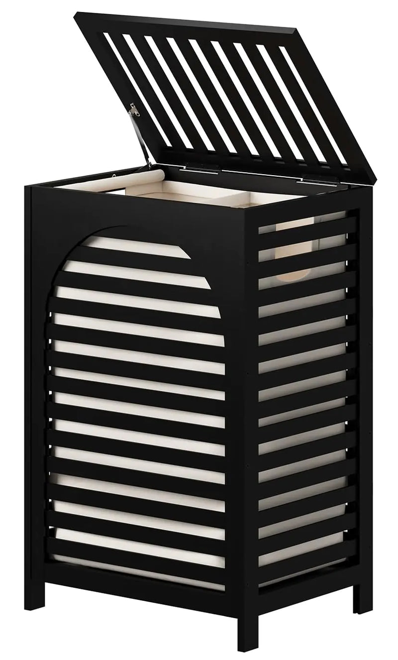 22.5 Gallon Bamboo Laundry Hamper with Lid – Large Clothes Basket with Removable Liner, Divider & Handles | Black Minimalist Laundry Storage Bin